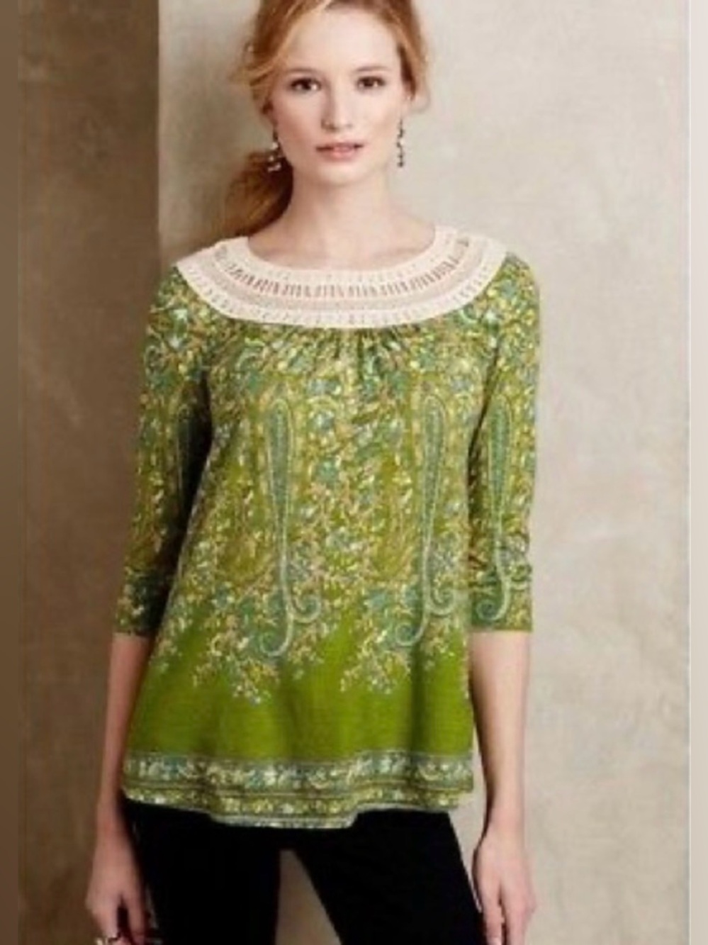 Anthropologie Meadow Rue Earthly Delights Lace-Trim Long Sleeve Top